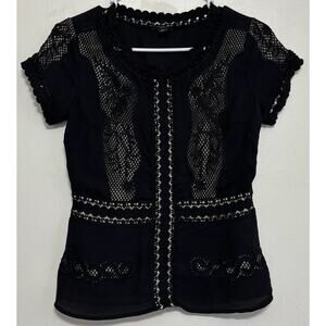 Ann Taylor Black Crochet Lace Peplum Blouse Petite 0 Lined
